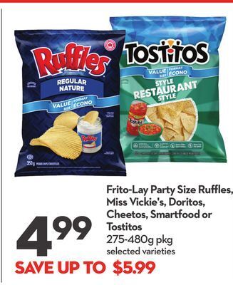 Longo's Frito-lay party size ruffl es, miss vickie's, doritos, cheetos, smartfood or tostitos offer