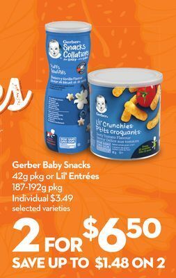 Longo's Gerber baby snacks 42g pkg or lil' entrées 187-192g pkg offer