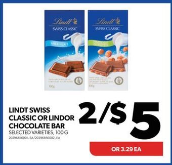 Real Canadian Superstore Lindt swiss classic or lindor chocolate bar, 100 g offer