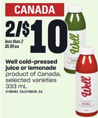Independent Grocer Well cold-pressed juice or lemonade, 333 ml offer