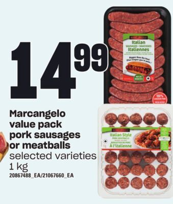 Independent Grocer Marcangelo value pack pork sausages or meatballs, 1 kg offer