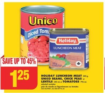 No Frills Holiday luncheon meat, 340 g, unico beans, chick peas or lentils, 540 ml or tomatoes, 796 ml offer