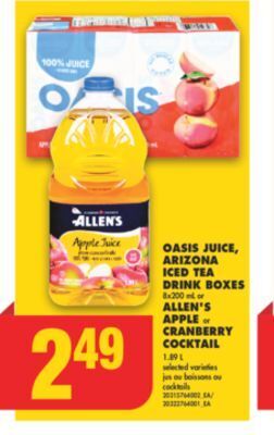 No Frills Oasis juice, arizona iced tea drink boxes, 8x200 ml or allen's apple or cranberry cocktail, 1.89 l offer