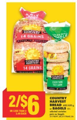 No Frills Country harvest bread, 600/650 g or bagels, 6's offer