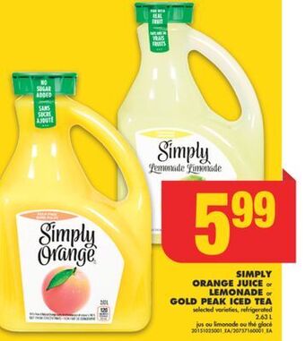 No Frills Simply orange juice or lemonade or gold peak iced tea, 2.63 l offer