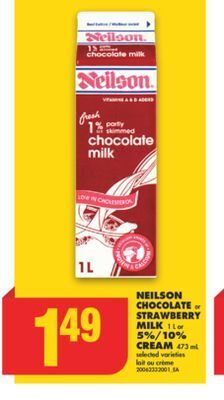 No Frills Neilson chocolate or strawberry milk 1 l or 5%/10% cream, 473 ml offer