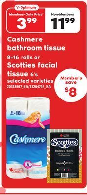 Loblaws Cashmere bathroom tissue, 8=16 rolls or scotties facial tissue, 6's offer