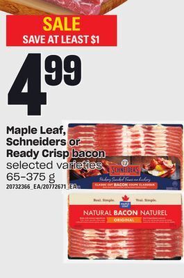 Loblaws Maple leaf, schneiders or ready crisp bacon, 65-375 g offer