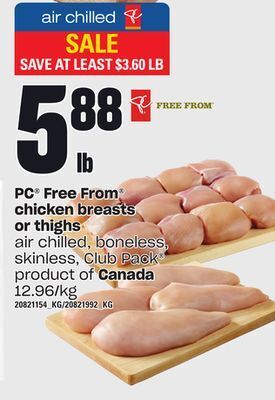 Loblaws Pc free from chicken breasts or thighs offer