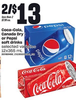 Loblaws Coca-cola, canada dry or pepsi soft drinks, 12x355 ml offer