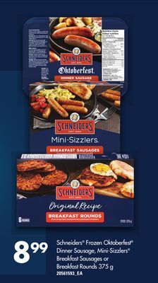 Loblaws Schneiders frozen oktoberfest dinner sausage, mini-sizzlers breakfast sausages or breakfast rounds, 375 g offer