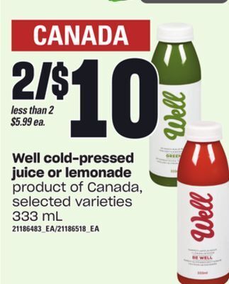 Loblaws Well cold-pressed juice or lemonade, 333 ml offer
