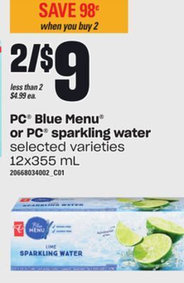 Loblaws Pc blue menu or pc sparkling water, 12x355 ml offer