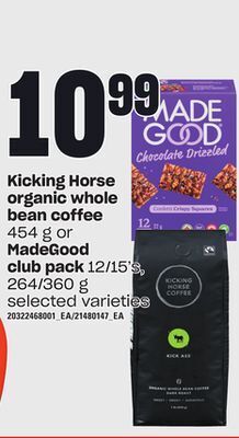 Loblaws Kicking horse organic whole bean coffee, 454 g or madegood club pack, 12/15's, 264/360 g offer