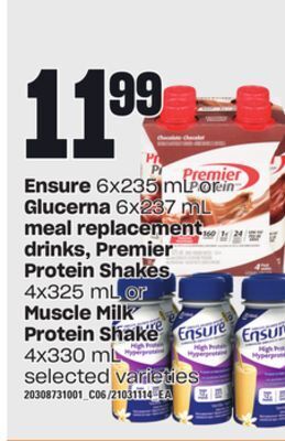 Loblaws Ensure, 6x235 ml or glucerna, 6x237 ml meal replacement drinks, premier protein shakes, 4x325 ml or muscle milk protein shake offer