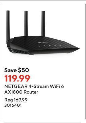 Staples Netgear 4-stream wifi 6 ax1800 router offer