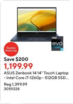 Staples Asus zenbook 14 14 touch laptop - intel core i7-1260p - 512gb ssd - 16gb ram - windows 11 - blue offer
