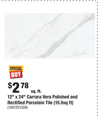 Home Depot 12 x 24 carrara vera polished and rectified porcelain tile (15.5sq ft) offer