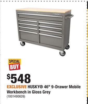 Home Depot Exclusive husky 46 9-drawer mobile workbench in gloss grey offer