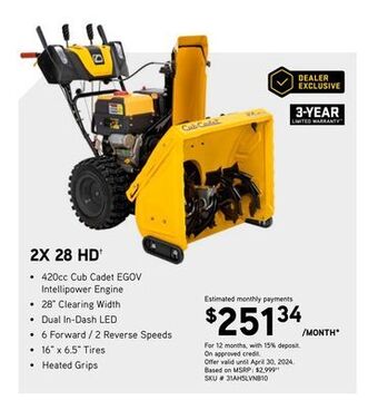 Cub Cadet Cub cadet 2x 28 hd snow blower offer