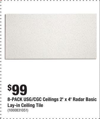 Home Depot 8-pack usg/cgc ceilings 2' x 4' radar basic lay-in ceiling tile offer