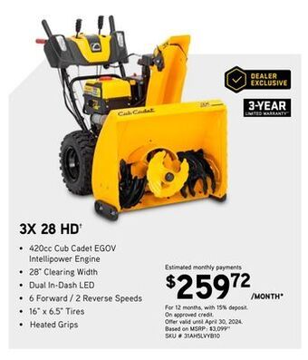 Cub Cadet Cub cadet 3x 28 hd snow blower offer