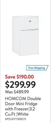 Walmart Homcom double door mini fridge with freezer|3.2 cu.ft |white offer
