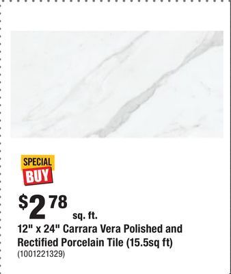 Home Depot 12 x 24 carrara vera polished and rectified porcelain tile (15.5sq ft) offer