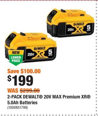 Home Depot 2-pack dewalt 20v max premium xr 5.0ah batteries offer