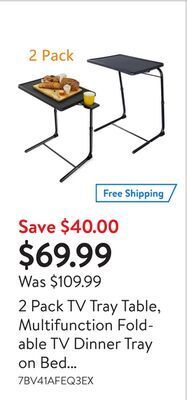 Walmart 2 pack tv tray table, multifunction foldable tv dinner tray on bed and sofa with cup holder, 6 height and 3 tilt angle adjust offer