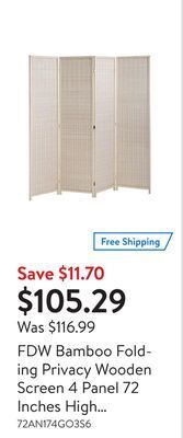 Walmart Fdw bamboo folding privacy wooden screen 4 panel 72 inches high 17.7 inches wide divider for living room bedroom study,natura offer