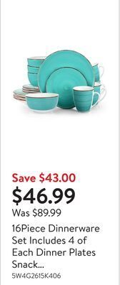 Walmart 16piece dinnerware set includes 4 of each dinner plates snack plates cereal bowls and mugs offer