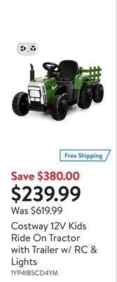 Walmart Costway 12v kids ride on tractor with trailer w/ rc & lights offer