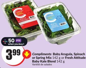 FreshCo Compliments baby arugula, spinach or spring mix 142 g or fresh attitude baby kale blend 142 o offer