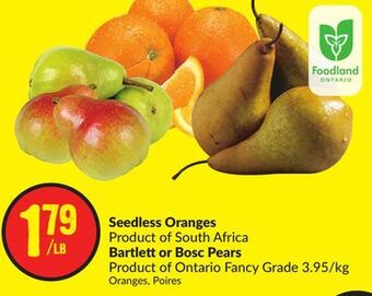 FreshCo Seedless oranges product of south africa bartlett or bosc pears product of ontario fancy grade 3.95/kg offer