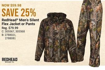 Bass Pro Redhead men's silent flex jacket or pants offer
