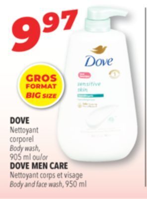 Familiprix Dove body wash, 905 ml or dove men care body and face wash, 950 ml offer
