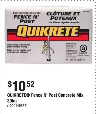 Home Depot Quikrete fence n' post concrete mix, 30kg offer