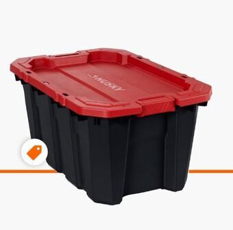 Home Depot Husky 94.6l stackable strong storage tote bin, plastic organizer box, black base & lockable red lid offer