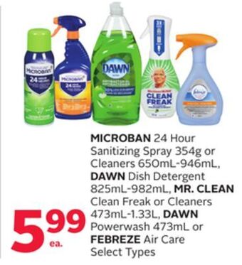 Rexall Microban 24 hour sanitizing spray 354g or cleaners 650ml-946ml, dawn dish detergent 825ml-982ml, mr. clean clean freak or cle offer