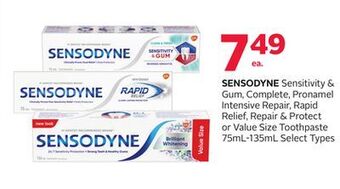Rexall Sensodyne sensitivity & gum, complete, pronamel intensive repair, rapid relief, repair & protect or value size toothpaste 75m offer