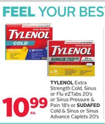 Rexall Tylenol extra strength cold, sinus or flu eztabs 20' s or sinus pressure & pain 18' s or sudafed cold & sinus or sinus advanc offer