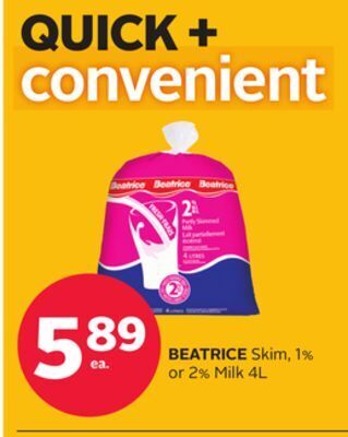 Rexall Beatrice skim, 1% or 2% milk 4l offer