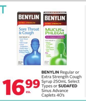 Rexall Benylin regular or extra strength cough syrup 250ml select types or sudafed sinus advance caplets 40' s offer