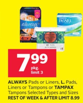 Rexall Always pads or liners, l. pads, liners or tampons or tampax tampons offer