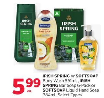 Rexall Irish spring or softsoap body wash 591ml, irish spring bar soap 6-pack or softsoap liquid hand soap 384ml offer