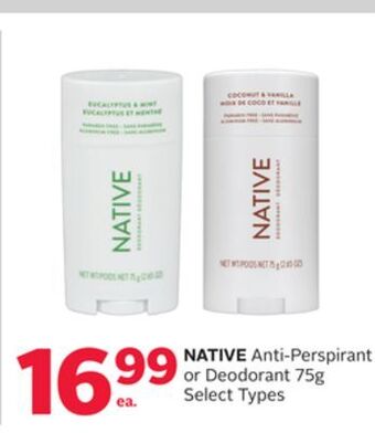 Rexall Native anti-perspirant or deodorant 75g offer