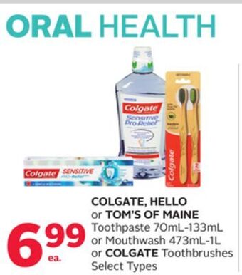 Rexall Colgate, hello or tom's of maine toothpaste 70ml-133ml or mouthwash 473ml-1l or colgate toothbrushes offer