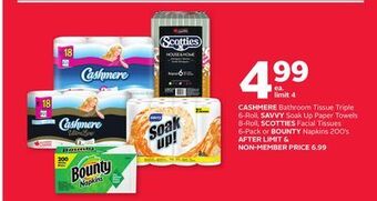Rexall Cashmere bathroom tissue triple 6-roll, savvy soak up paper towels 8-roll, scotties facial tissues 6-pack or bounty napkins 2 offer