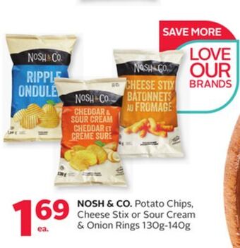 Rexall Nosh & co. potato chips, cheese stix or sour cream & onion rings 130g-140g offer